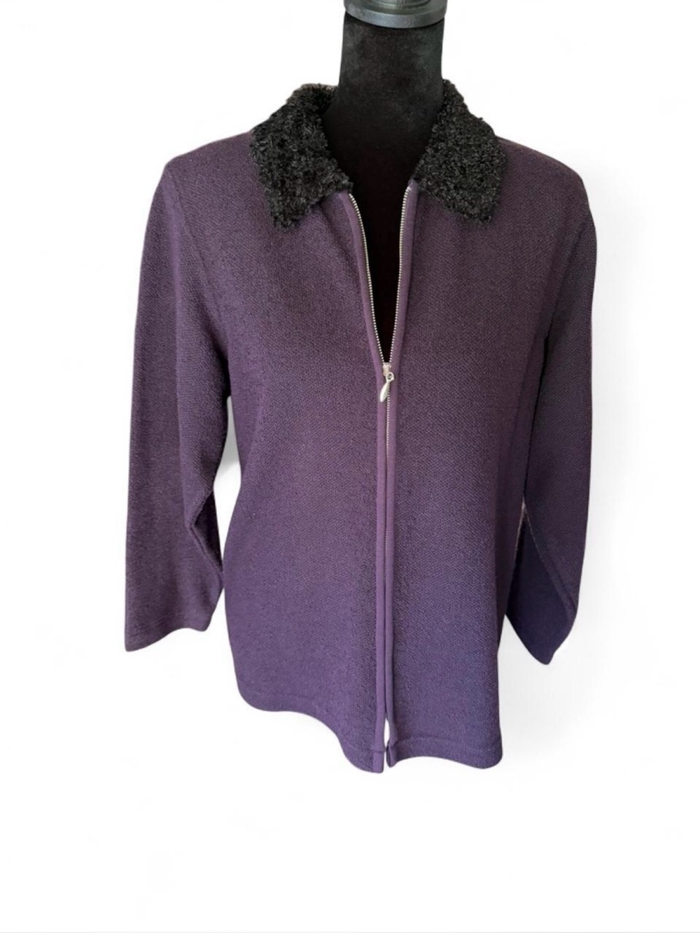 C.D. Petites Purple Textured Zip Front Jacket with Faux Fur Collar Petite Small